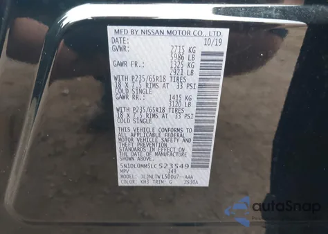 2020 Infiniti Qx60 Luxe Awd z USA, uszkodzony, nr VIN 5N1DL0MM5LC523549